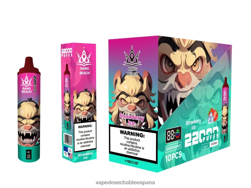 Fume Vape España RB4TN20 hielo de fresa - Bang Beach Pantalla inteligente de 22000 inhalaciones.