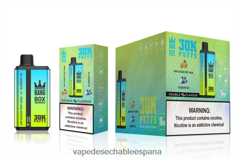 Fume Vape España RB4TN65 kiwi, maracuyá, guayaba y helado de arándanos - Bang Box 30000 inhalaciones de dos sabores.