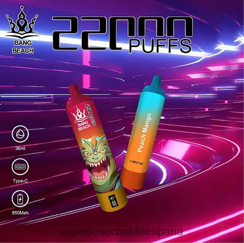 Vape Desechable España RB4TN24 mango durazno - Bang Beach Pantalla inteligente de 22000 inhalaciones.