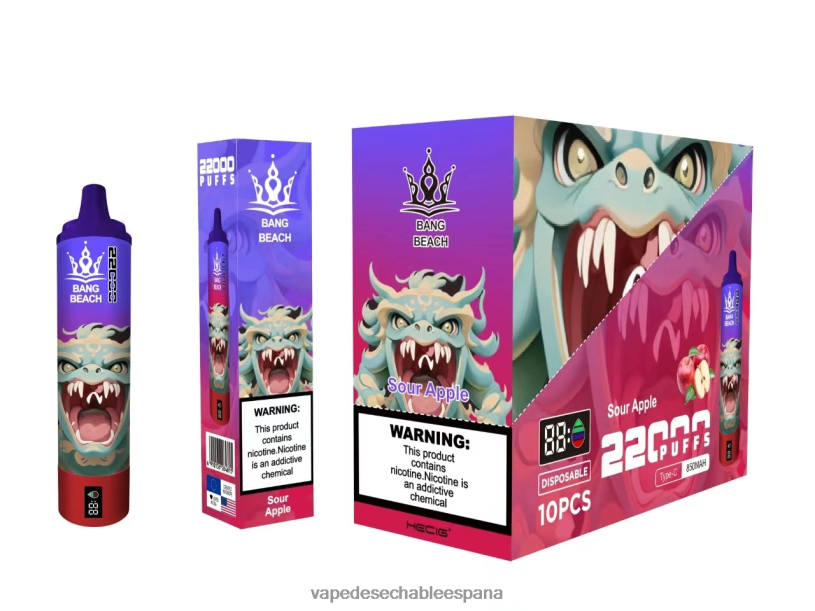 Vape España RB4TN13 manzana agria - Bang Beach Pantalla inteligente de 22000 inhalaciones.